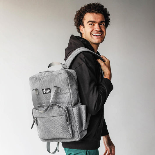 grey corduroy backpack