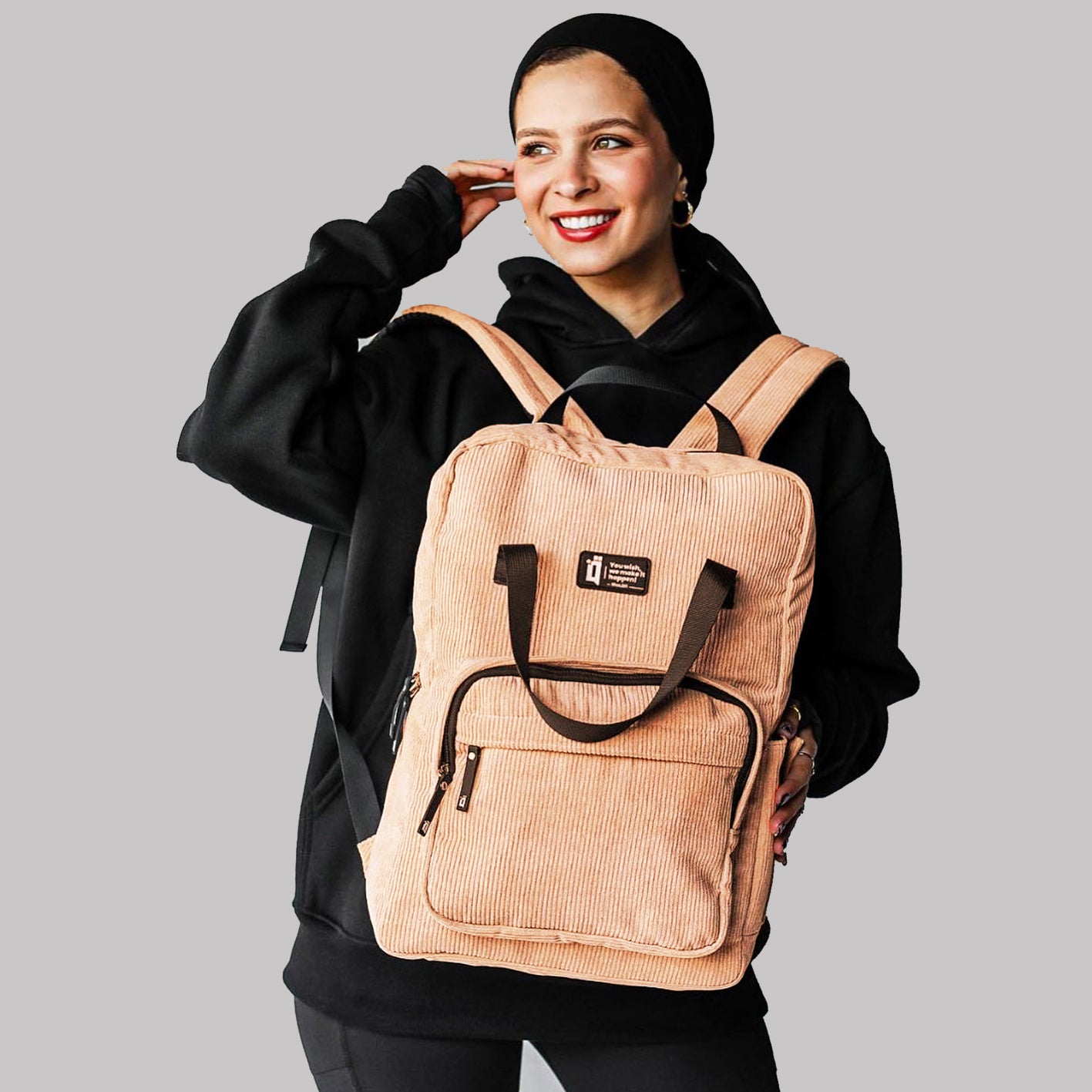 beige corduroy backpack