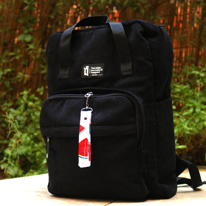 black corduroy backpack details